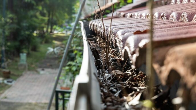 Hyper-realistic image of a sleek leaf guard system on a suburban home at sunset.