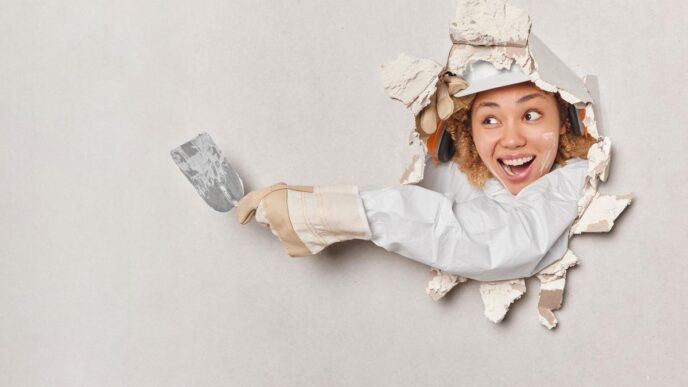 Handyman patching drywall in a modern workshop, showcasing detailed DIY craftsmanship and tools.