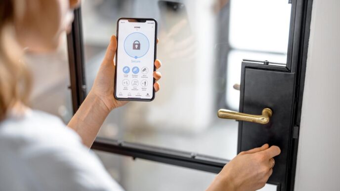 Sleek smart lock on a contemporary home door, illuminated by warm evening light.